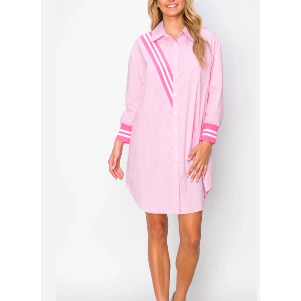 JOH. Barbie Pink Striped Preppy Rugby Varsity Stripe Ribbed Cuff Shirt Dress XS